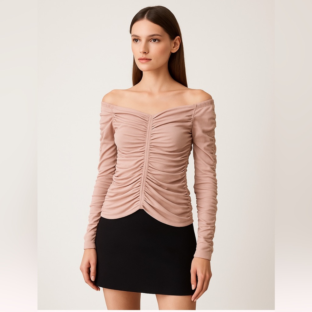 🌸‎ P.A.R.O.S.H. Ruched Off-Shoulder Blush Long Sleeve Top 🌸